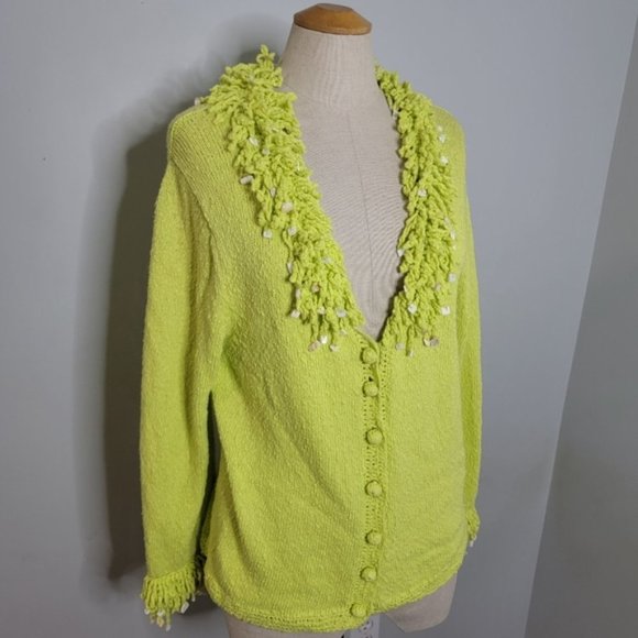 Mifresia Large Yellow Green Fringe Seashell Knit Cardigan - Picture 2 of 13